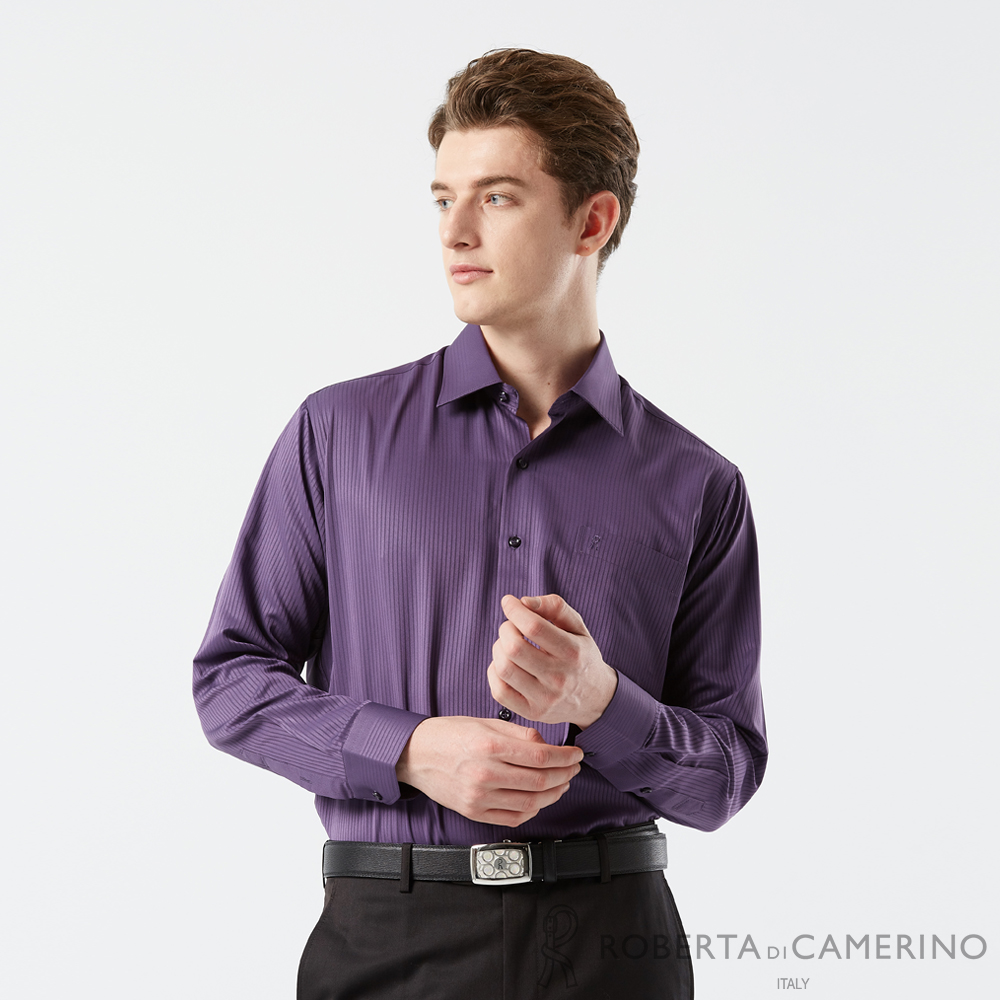 【ROBERTA 諾貝達】男裝 紫色商務長袖襯衫-合身版-吸濕排汗-台灣製