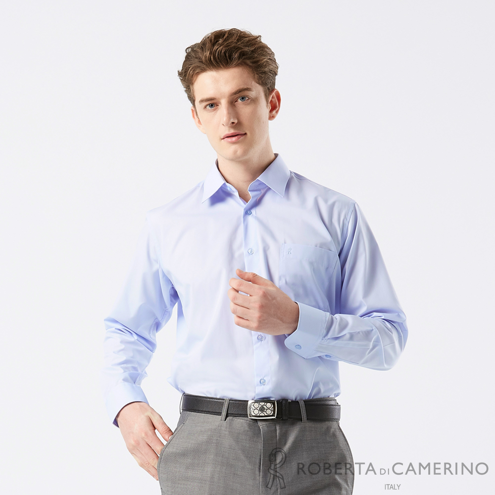 【ROBERTA 諾貝達】男裝 藍色商務長袖襯衫-時尚經典素面款-台灣製