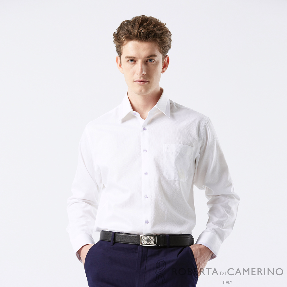 【ROBERTA 諾貝達】男裝 白色紳士長袖襯衫-合身版-印度素材 台灣製