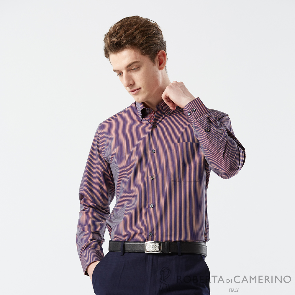 【ROBERTA 諾貝達】男裝 紫橘色條紋長袖襯衫-純棉合身版-奧地利素材 台灣製