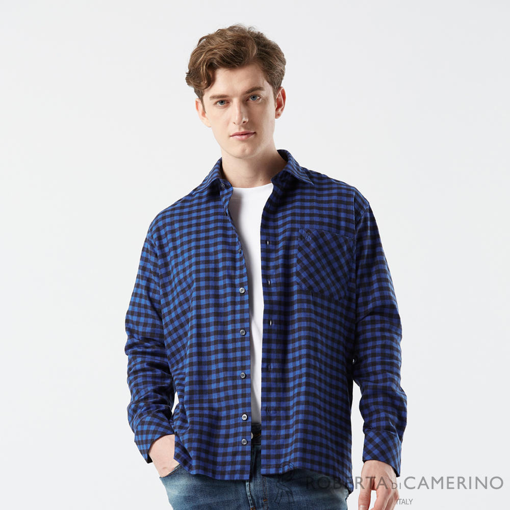 【ROBERTA諾貝達】男裝 藍色格子長袖襯衫-冬季限定-純棉刷毛保暖織品-台灣製