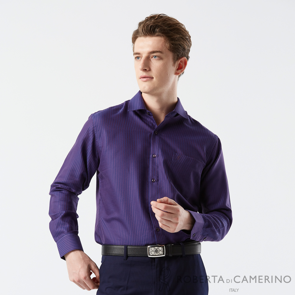 【ROBERTA 諾貝達】男裝 深藍色點點長袖襯衫-易洗 速乾 好整理-合身版 台灣製