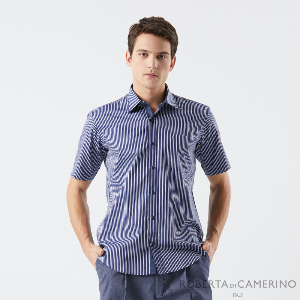【ROBERTA 諾貝達】男裝 純棉藍條紋短袖襯衫(奧地利素材 台灣製)