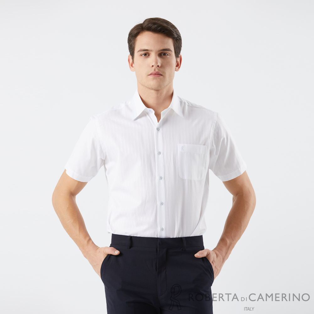 【ROBERTA 諾貝達】男裝 修身條紋短袖白襯衫(休閒商務)