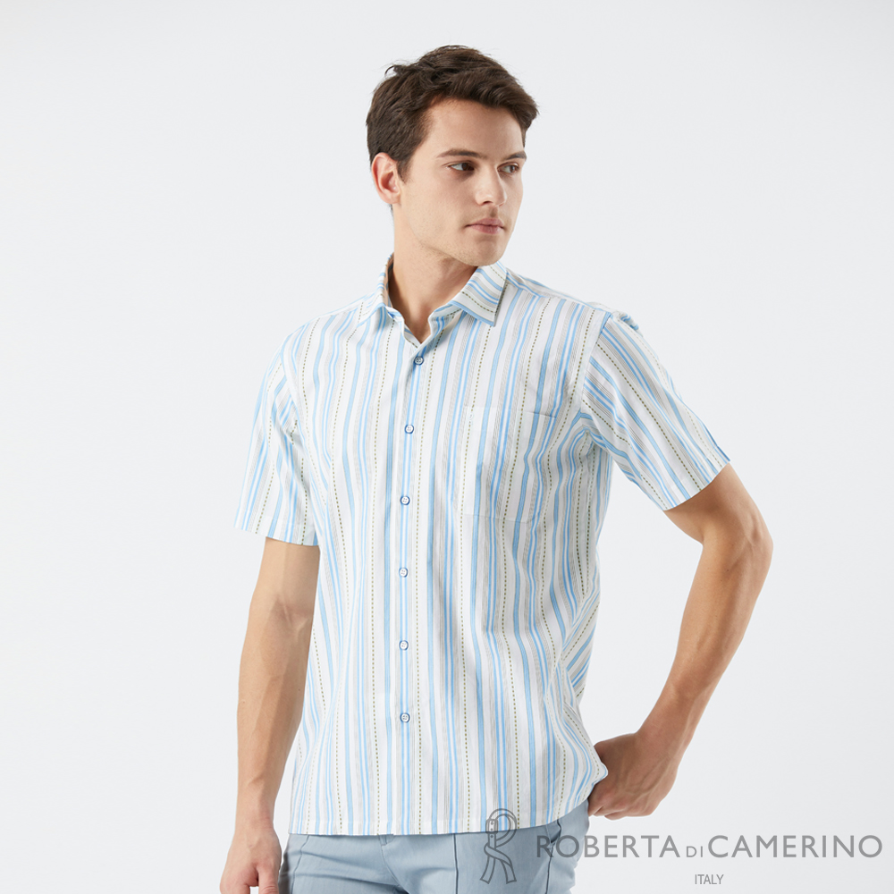 【ROBERTA 諾貝達】男裝 純棉藍條紋休閒短袖襯衫(奧地利素材 台灣製)