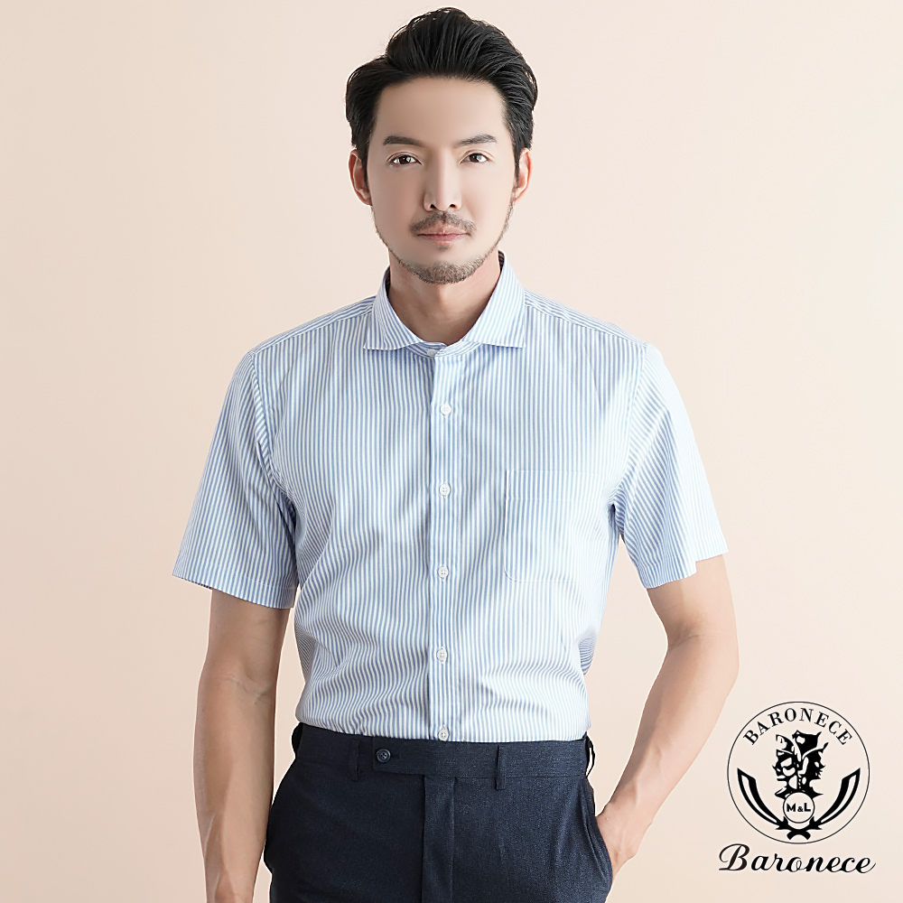 【BARONECE】日式直條舒適純棉短袖襯衫_藍(520423-09)