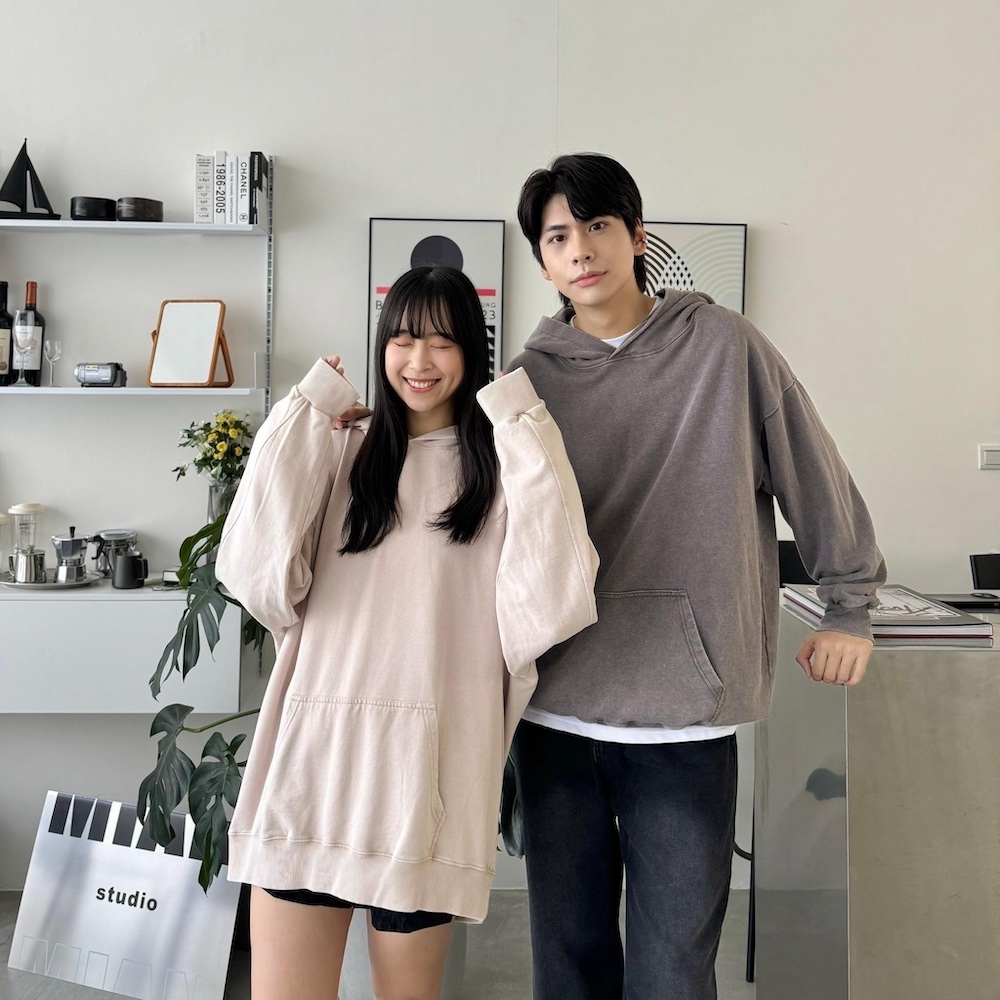 【AMERO】男女款 水洗落肩素帽T 寬鬆版型 情侶裝
