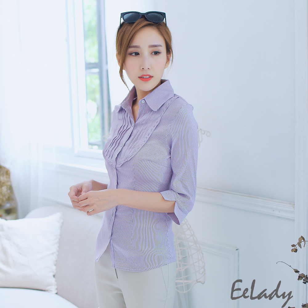 【EE-LADY】胸襟壓皺條紋七分袖襯衫(紫)36吋