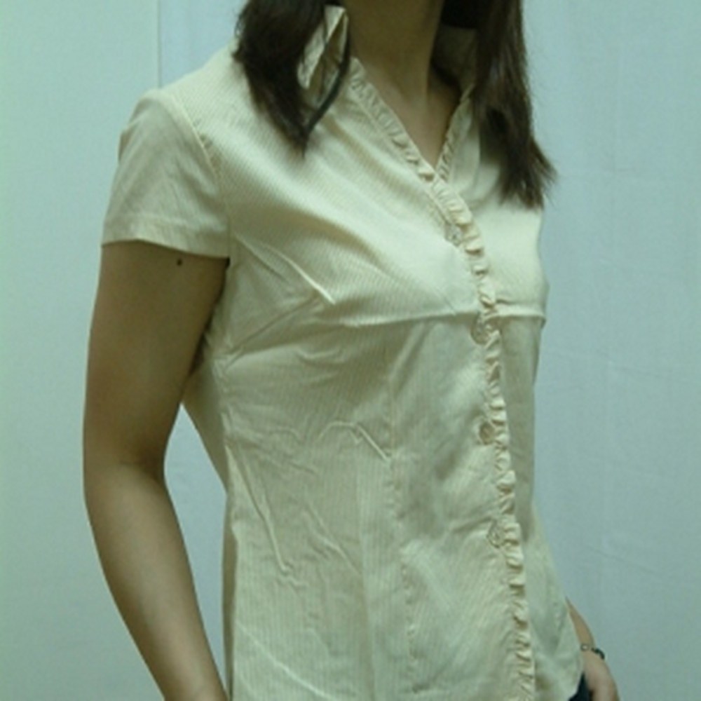 【EE-LADY】荷葉邊直條紋小包袖襯衫