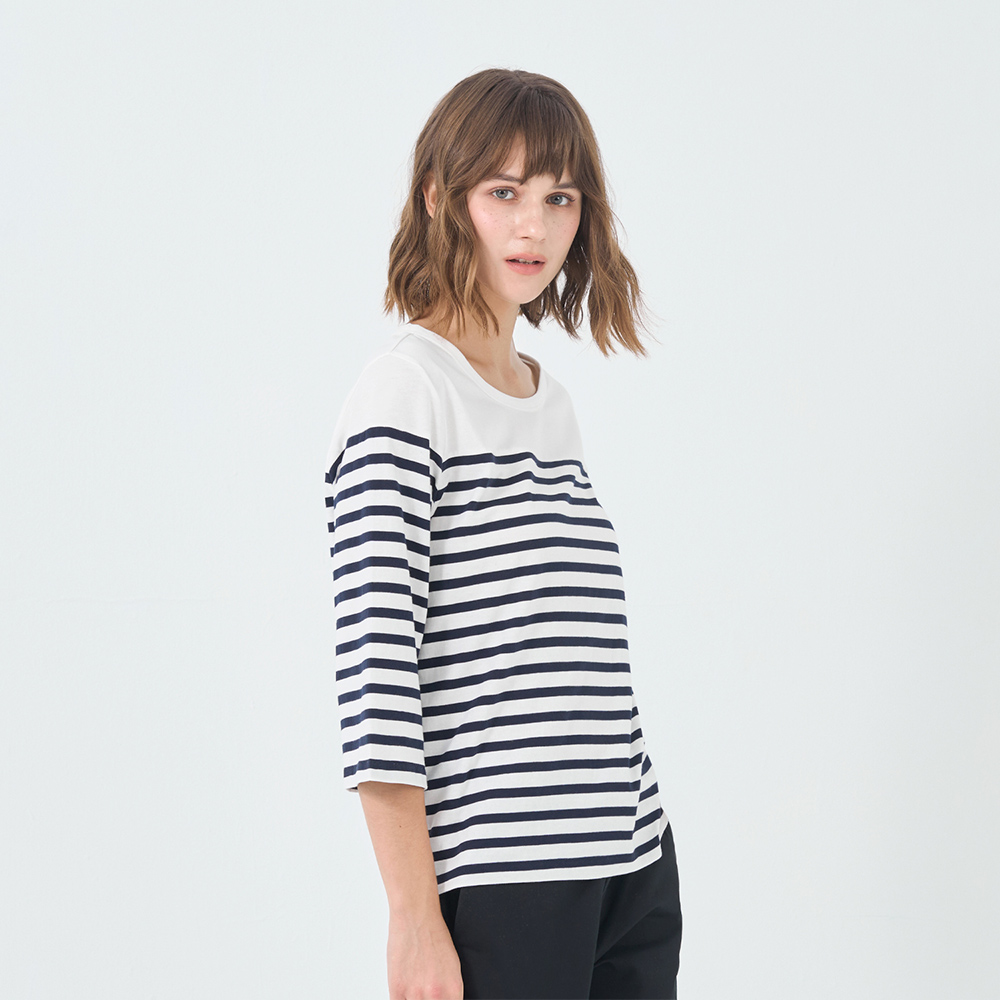 GIORDANO 女裝條紋七分袖上衣 - 皎白X標誌海軍藍