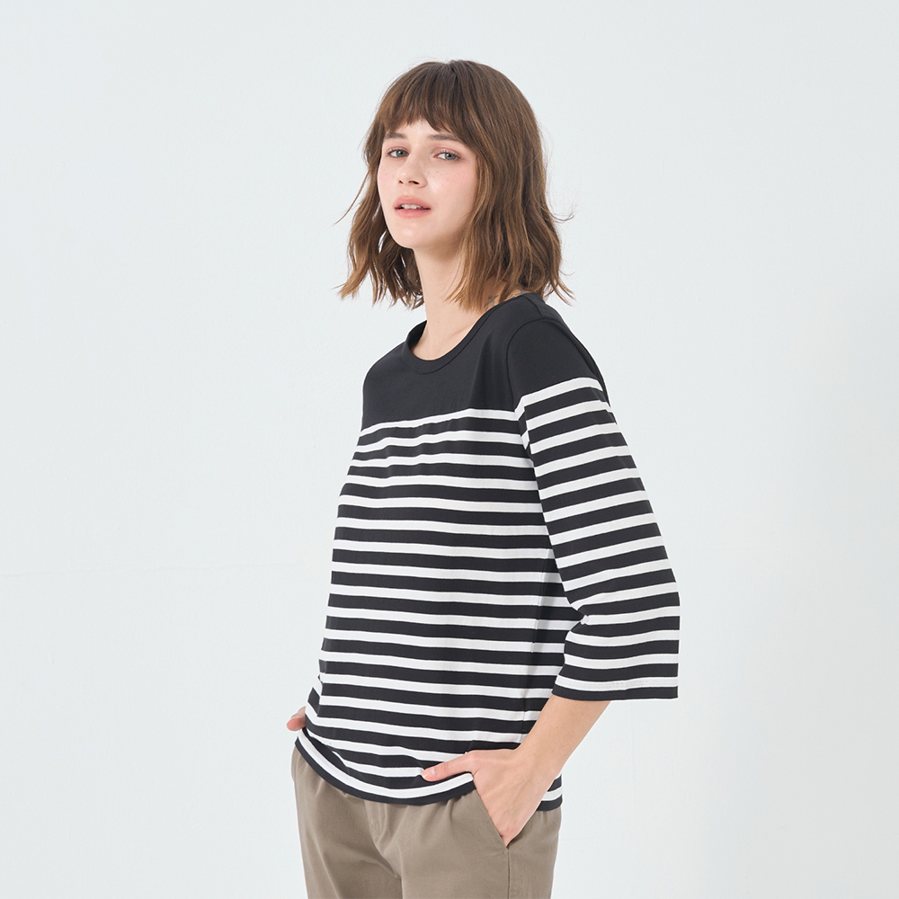 GIORDANO 女裝條紋七分袖上衣 - 標誌黑X皎白