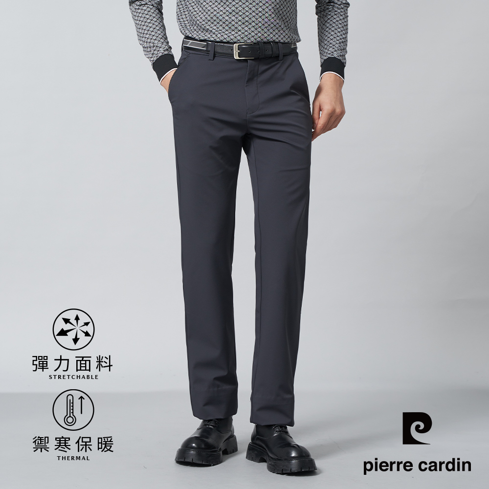 【pierre cardin皮爾卡登】男裝 內磨毛彈性平口休閒長褲-深灰色 (5245831-97)