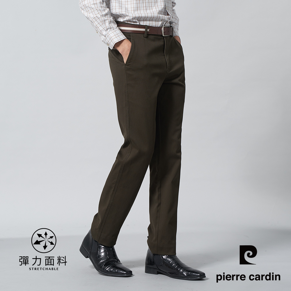 【pierre cardin皮爾卡登】男裝 棉質混紡微彈性平口休閒長褲-深綠色 (5245871-49)
