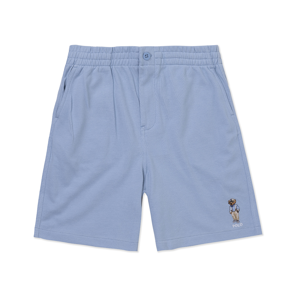 Polo Ralph Lauren RL 熱銷刺繡熊款透氣網布圖案休閒短褲(青年款)-灰藍色