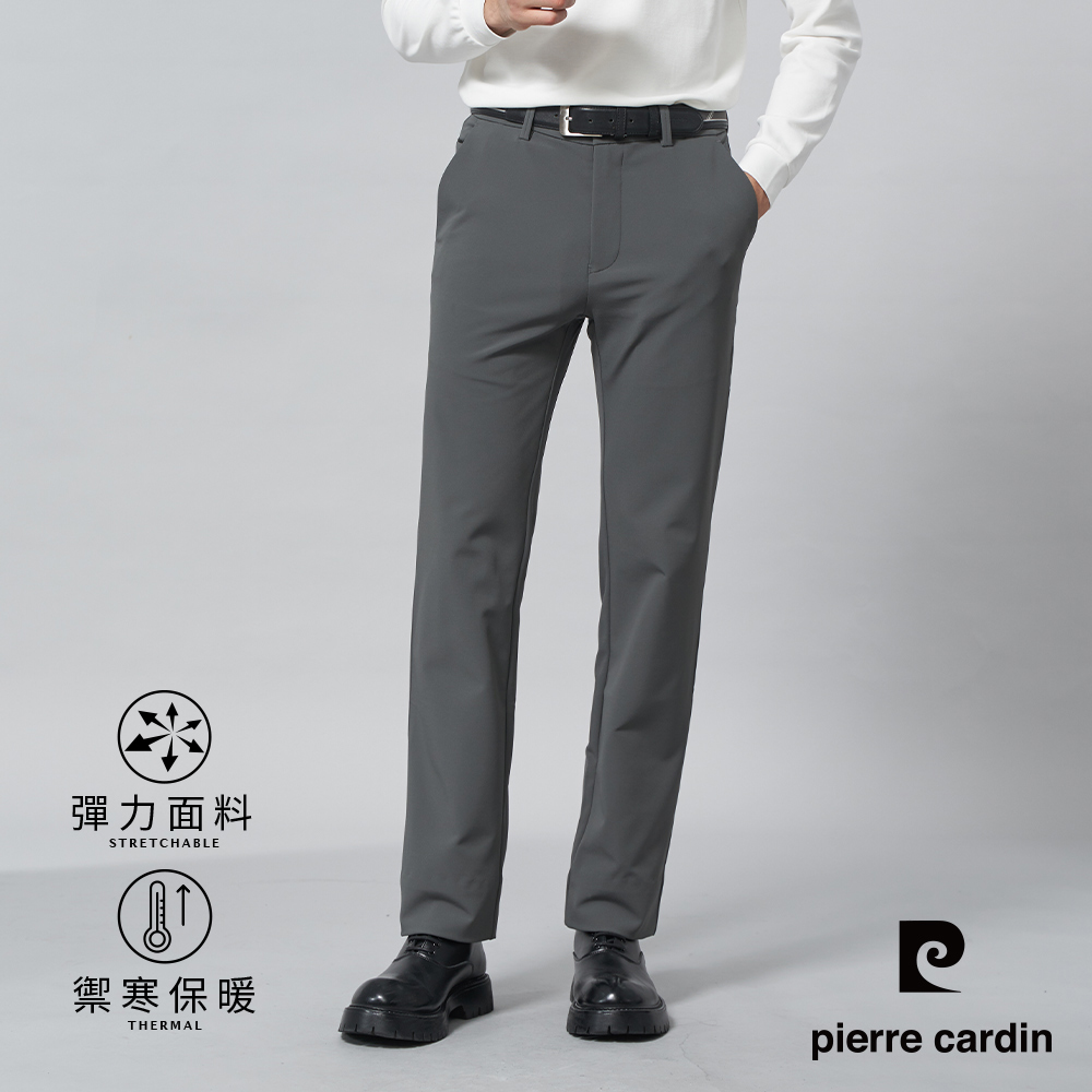 【pierre cardin皮爾卡登】男裝 都會休閒彈性素色平口休閒長褲-橄綠色 (5245875-48)