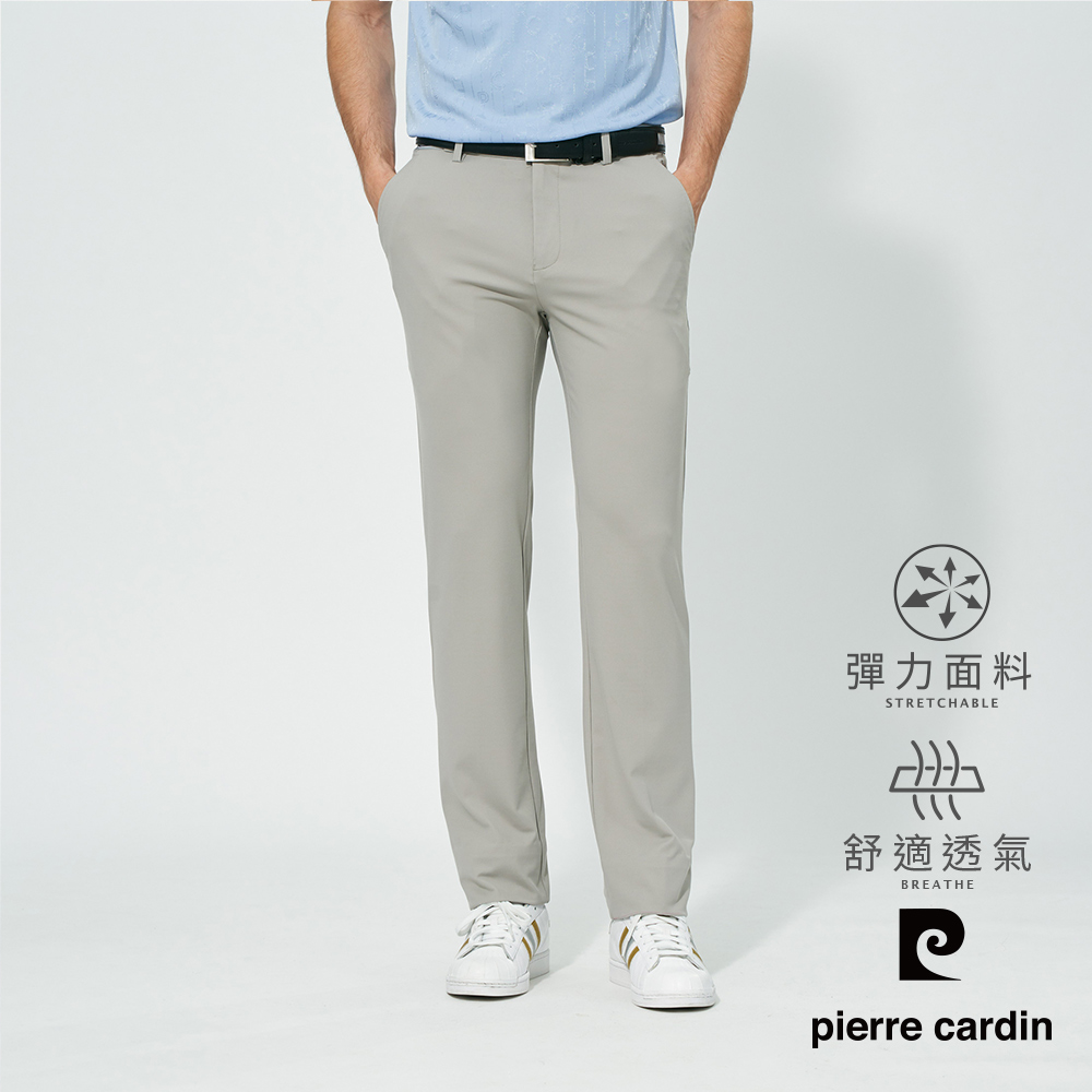 【pierre cardin 皮爾卡登】男款 側鬆緊織帶微彈性平口休閒長褲-灰色 (5257831-92)