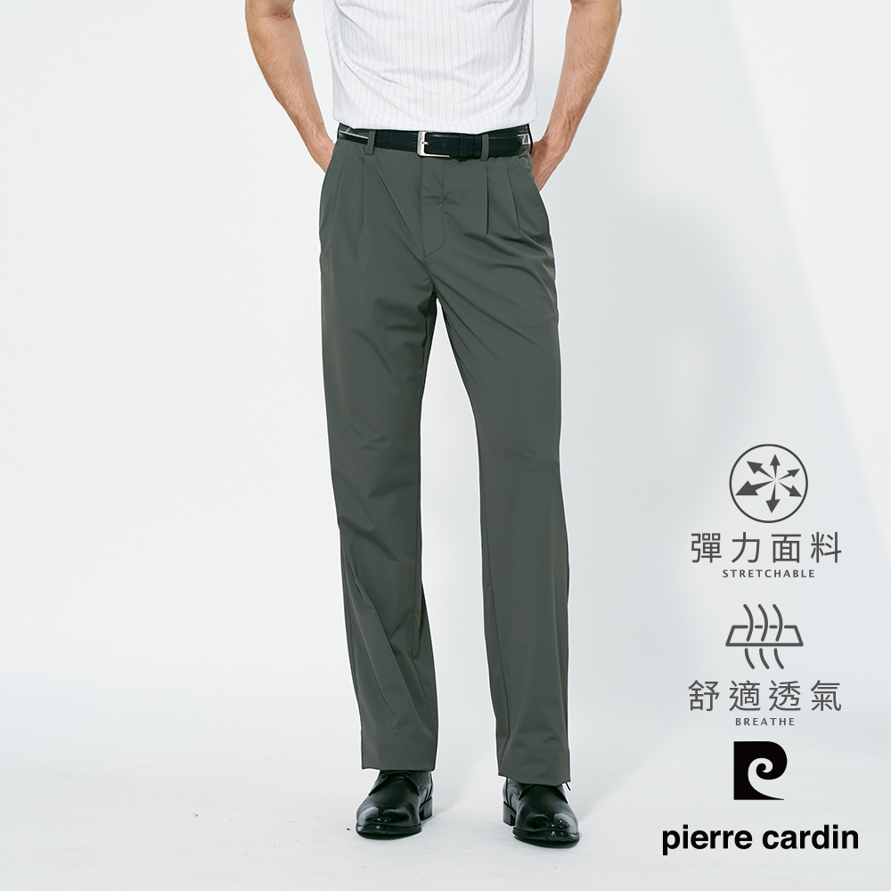 【pierre cardin 皮爾卡登】男款 彈力打褶休閒長褲-灰綠色 (5257880-95)