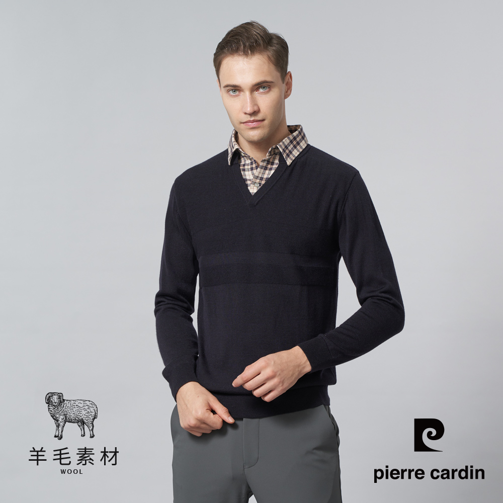 【pierre cardin 皮爾卡登】男裝 混紡羊毛定位橫條緹花襯衫領假兩件針織毛衣-丈青色 (5245475-38)