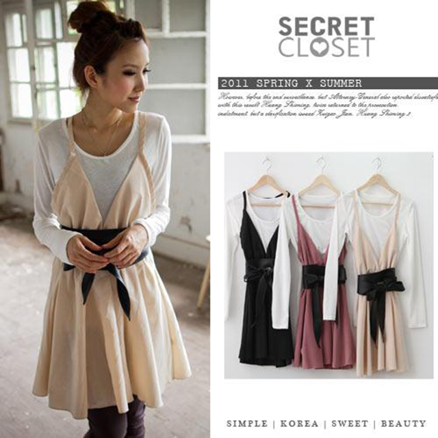 【秘密衣櫥】兩件式蜜桃絨長袖腰帶洋裝