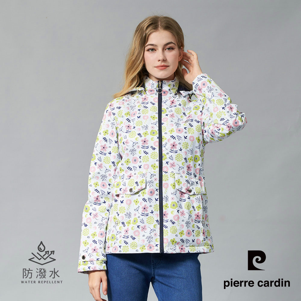 【pierre cardin皮爾卡登】女裝 戶外防風防潑水可拆帽北歐風印花外套-淺粉色 (6245792-75)