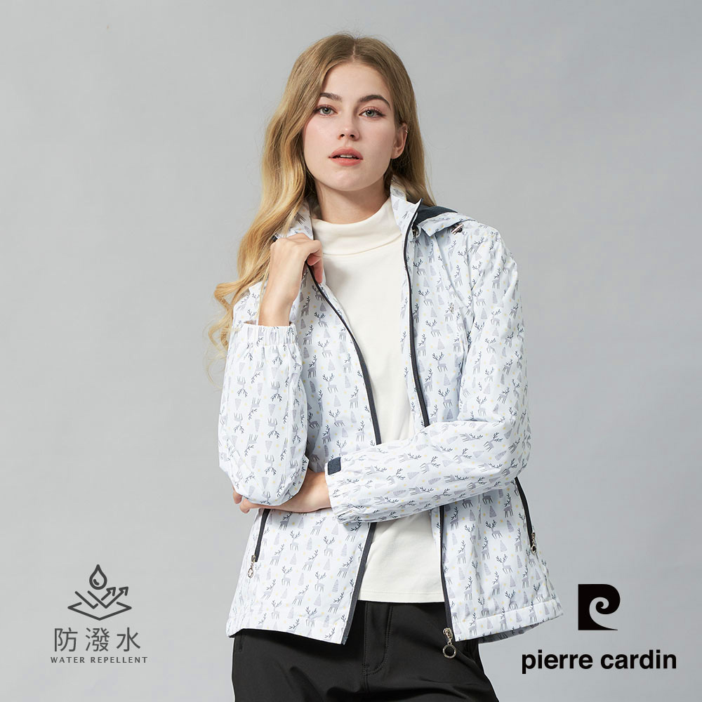 【pierre cardin皮爾卡登】女裝 戶外防風防潑水可拆帽北歐風印花外套-灰色 (6245794-95)