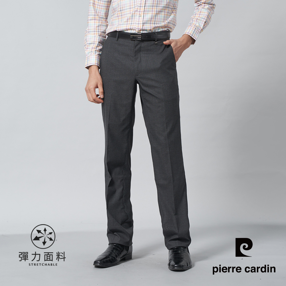 【pierre cardin皮爾卡登】男裝 微彈性暗格紋平口西裝長褲-深灰色 (5245843-96)