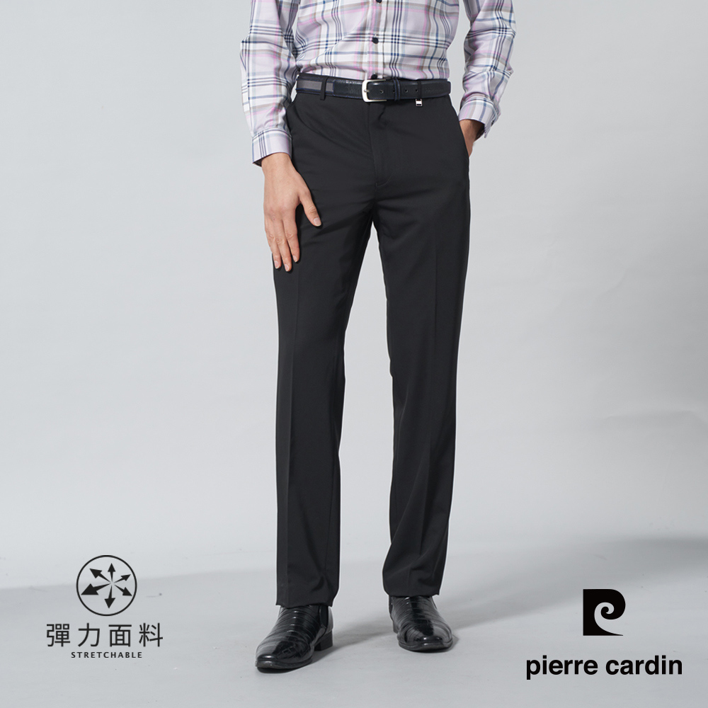 【pierre cardin皮爾卡登】男裝 微彈性素面平口西裝長褲-黑色 (5245845-99)