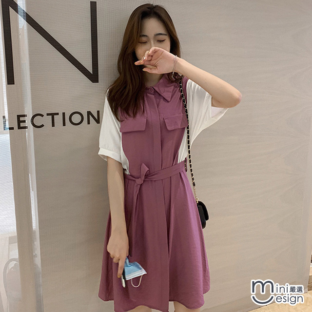 Mini嚴選-輕熟工業風配色襯衫連身裙 二色