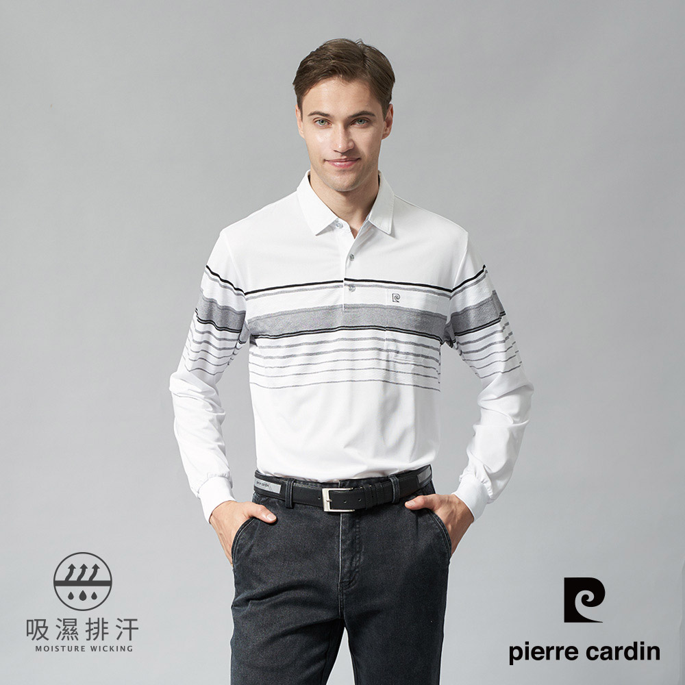 【pierre cardin 皮爾卡登】男裝 吸濕排汗彈性定位橫條薄長袖POLO衫-白色 (5245253-90)