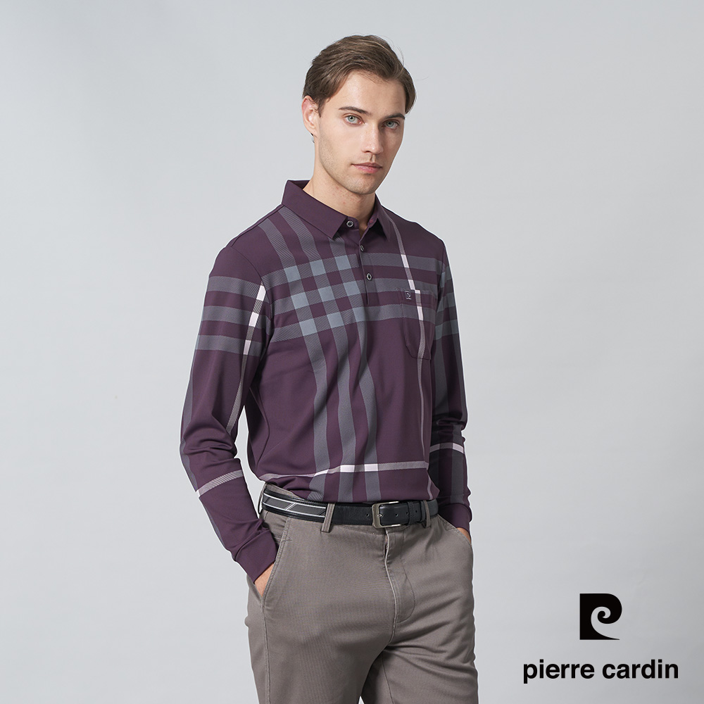 【pierre cardin 皮爾卡登】男裝 彈性印花格紋長袖POLO衫-灰紫色 (5245213-28)