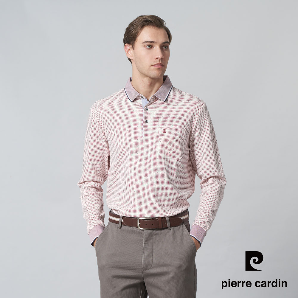 【pierre cardin 皮爾卡登】男裝 棉質混紡PK點點印花長袖POLO衫-紅色 (5245255-78)