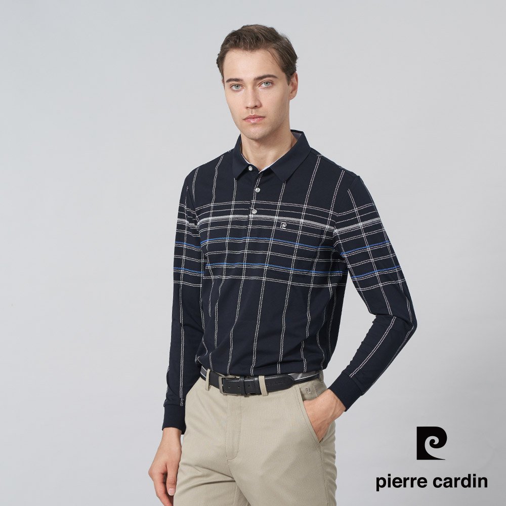 【pierre cardin 皮爾卡登】男裝 棉質混紡大定位印花格紋長袖POLO衫-丈青色 (5245256-38)