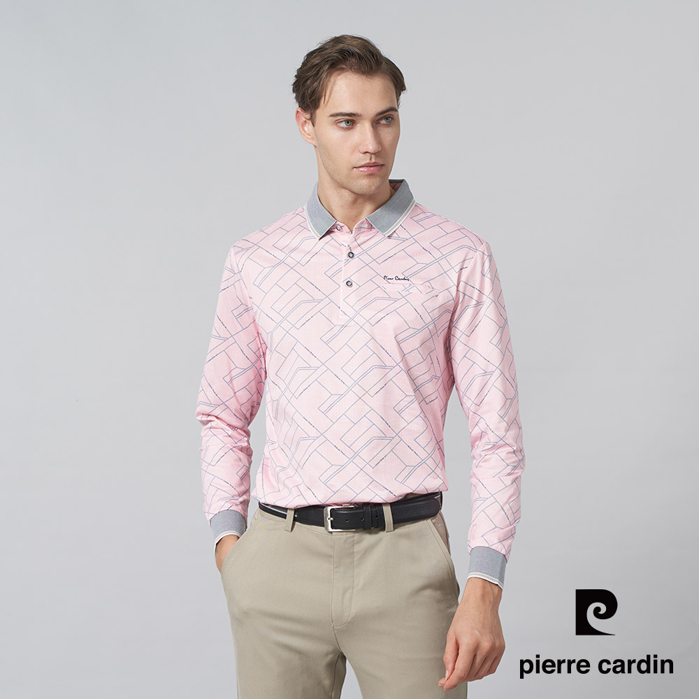 【pierre cardin 皮爾卡登】男裝 棉質混紡方格印花長袖POLO衫-粉紅色 (5245267-75)