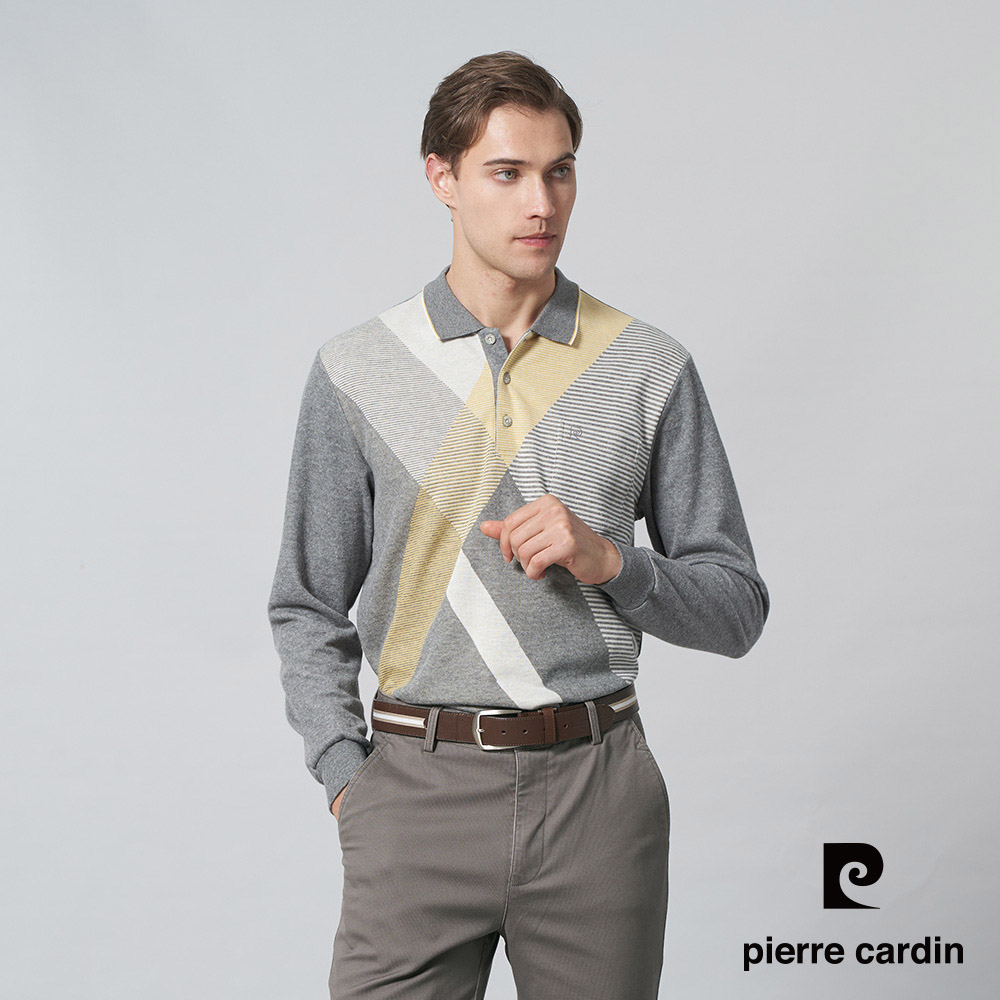 【pierre cardin 皮爾卡登】男裝 棉質混紡刷毛大定位斜格長袖POLO衫-花灰色 (5245270-95)