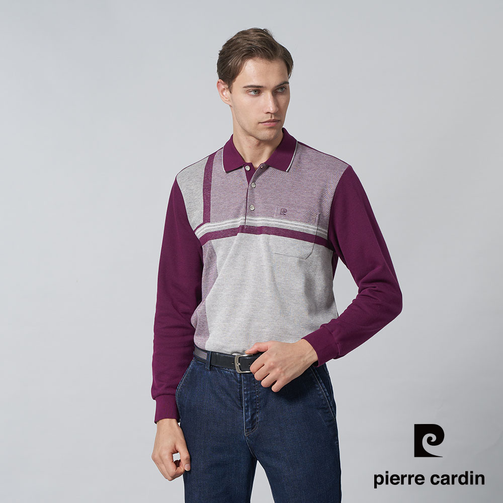 【pierre cardin 皮爾卡登】男裝 棉質混紡刷毛大定位長袖POLO衫-紅紫色 (5245274-28)