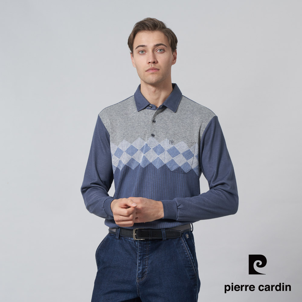 【pierre cardin 皮爾卡登】男裝 棉質混紡定位暗菱格長袖POLO衫-灰色 (5245282-96)