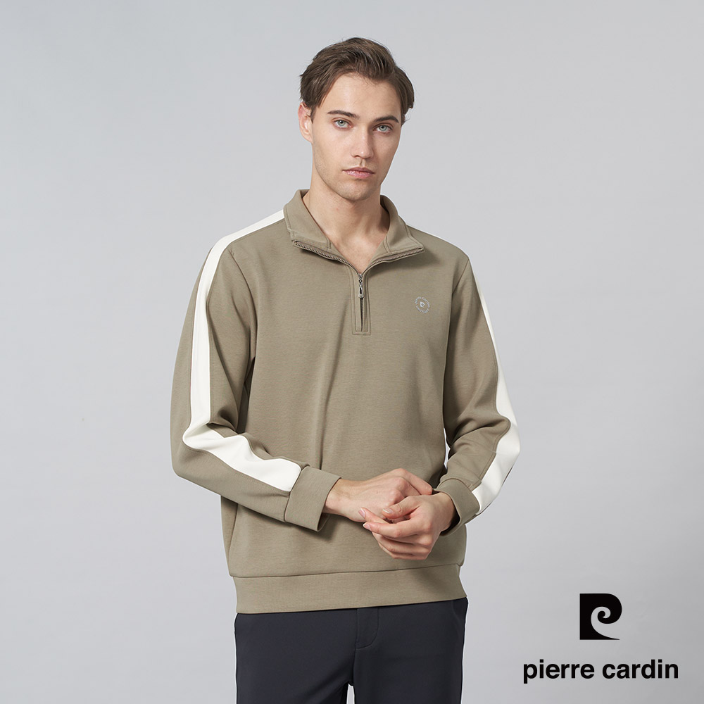 【pierre cardin 皮爾卡登】男裝 棉質混紡微彈性素色半高領拉鍊長袖POLO衫-卡其色 (5245291-47)