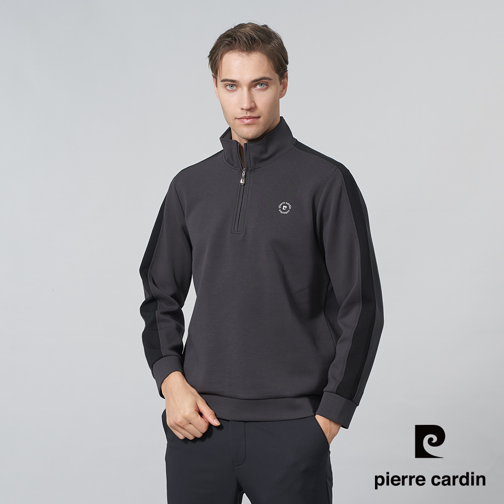 【pierre cardin 皮爾卡登】男裝 棉質混紡微彈性素色半高領拉鍊長袖POLO衫-深灰色 (5245291-98)
