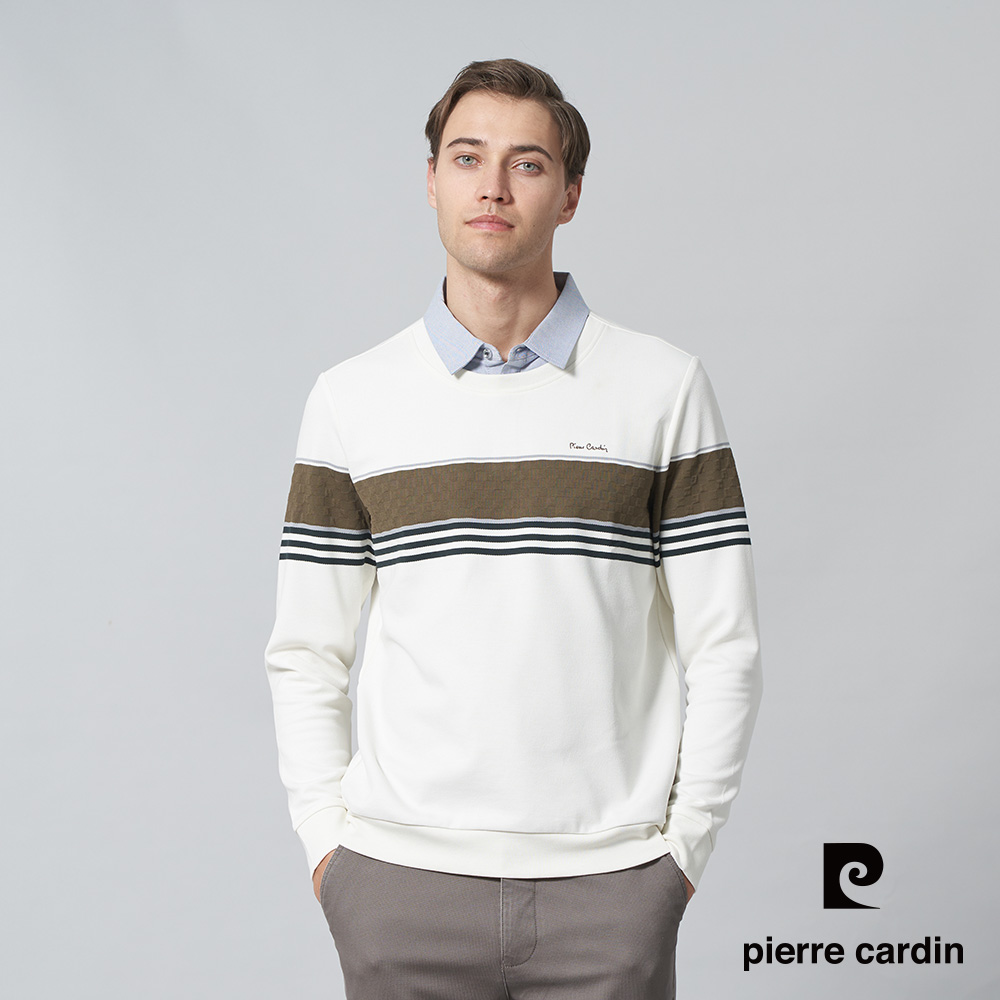 【pierre cardin 皮爾卡登】 男裝 棉混彈性假兩件襯衫領定位橫條長袖POLO衫-米白色 (5245294-91)