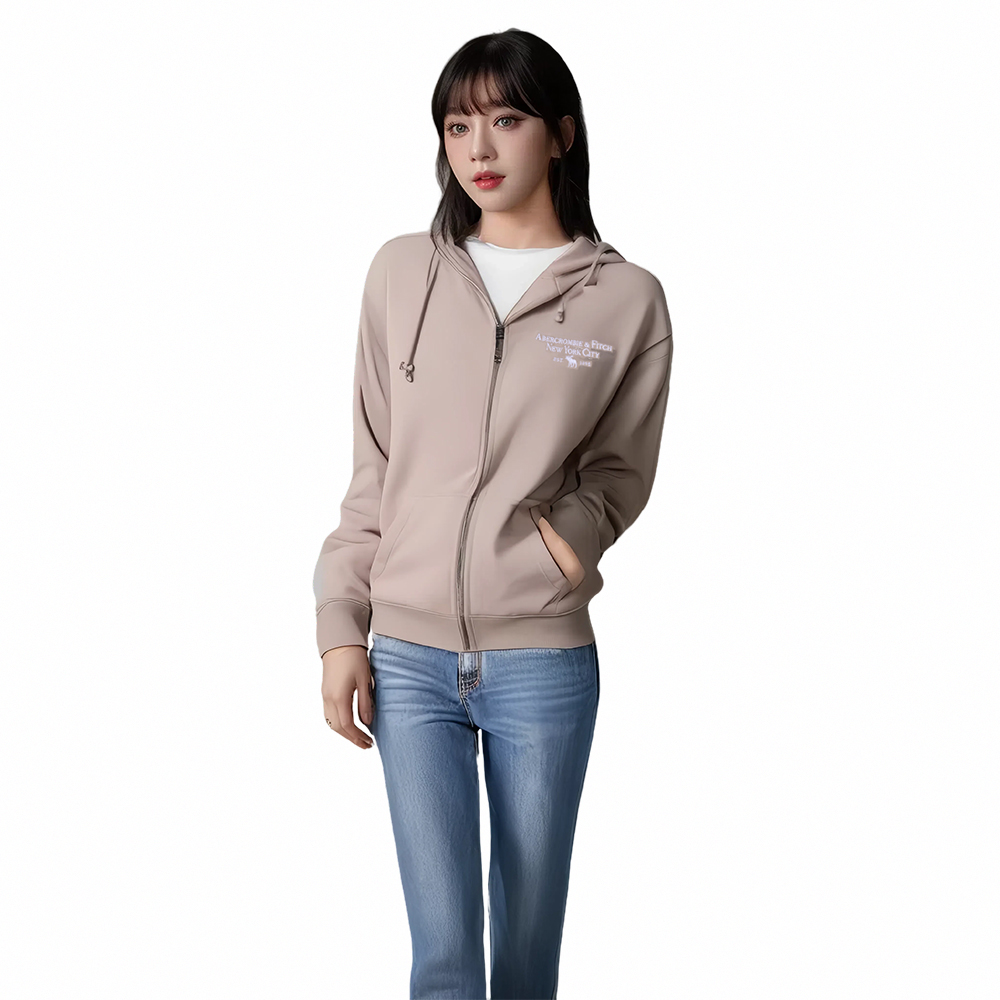 AF 麋鹿 A&F 熱銷刺繡麋鹿素面內刷毛連帽外套-卡其色