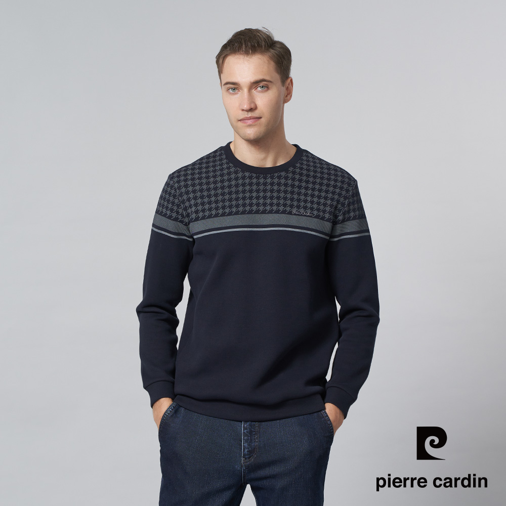 【pierre cardin 皮爾卡登】男裝 棉質混紡微彈性圓領千鳥格定位長袖T恤-深藍色 (5245211-38)
