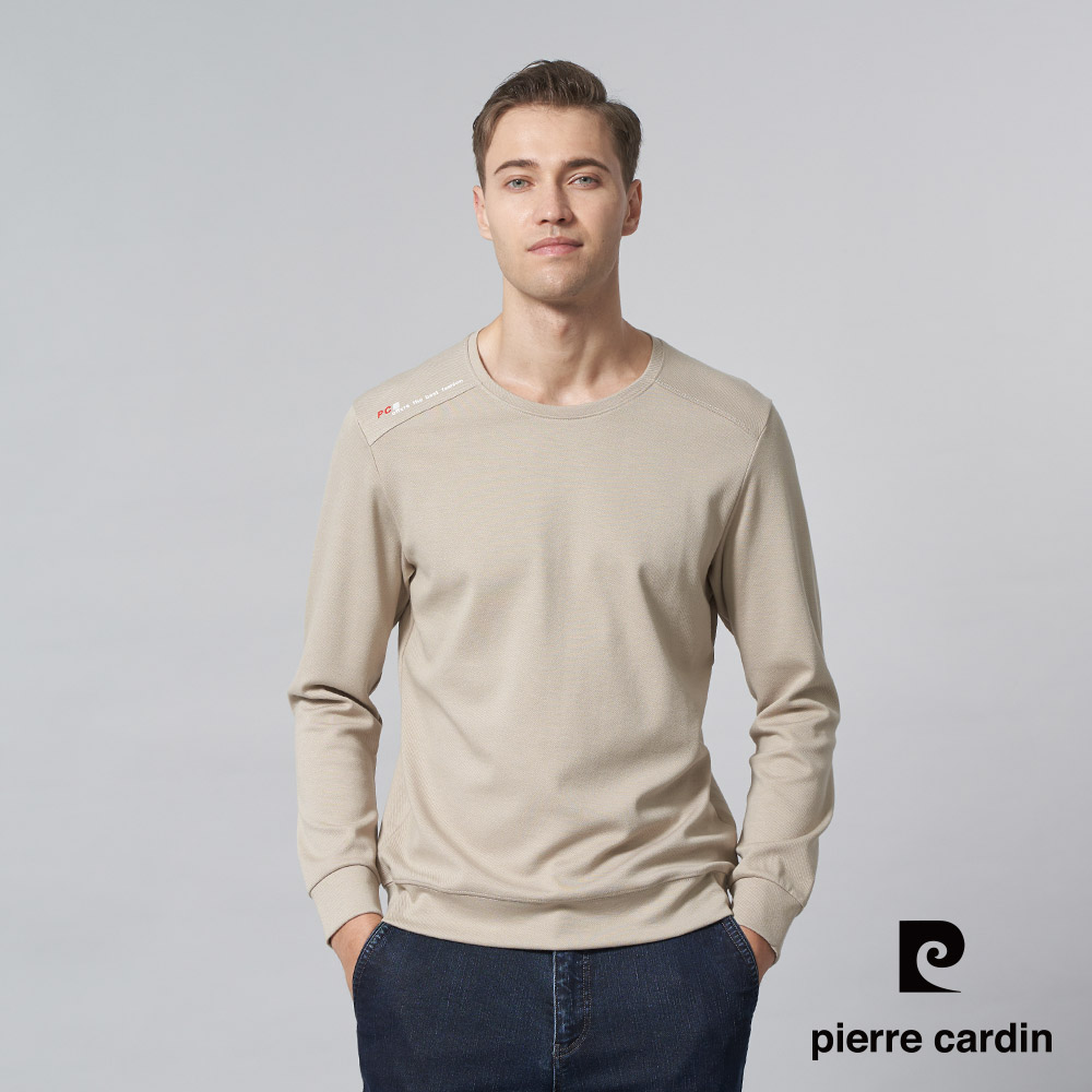 【pierre cardin 皮爾卡登】男裝 人造棉混紡微彈性素色圓領長袖T恤-卡其色 (5245260-82)