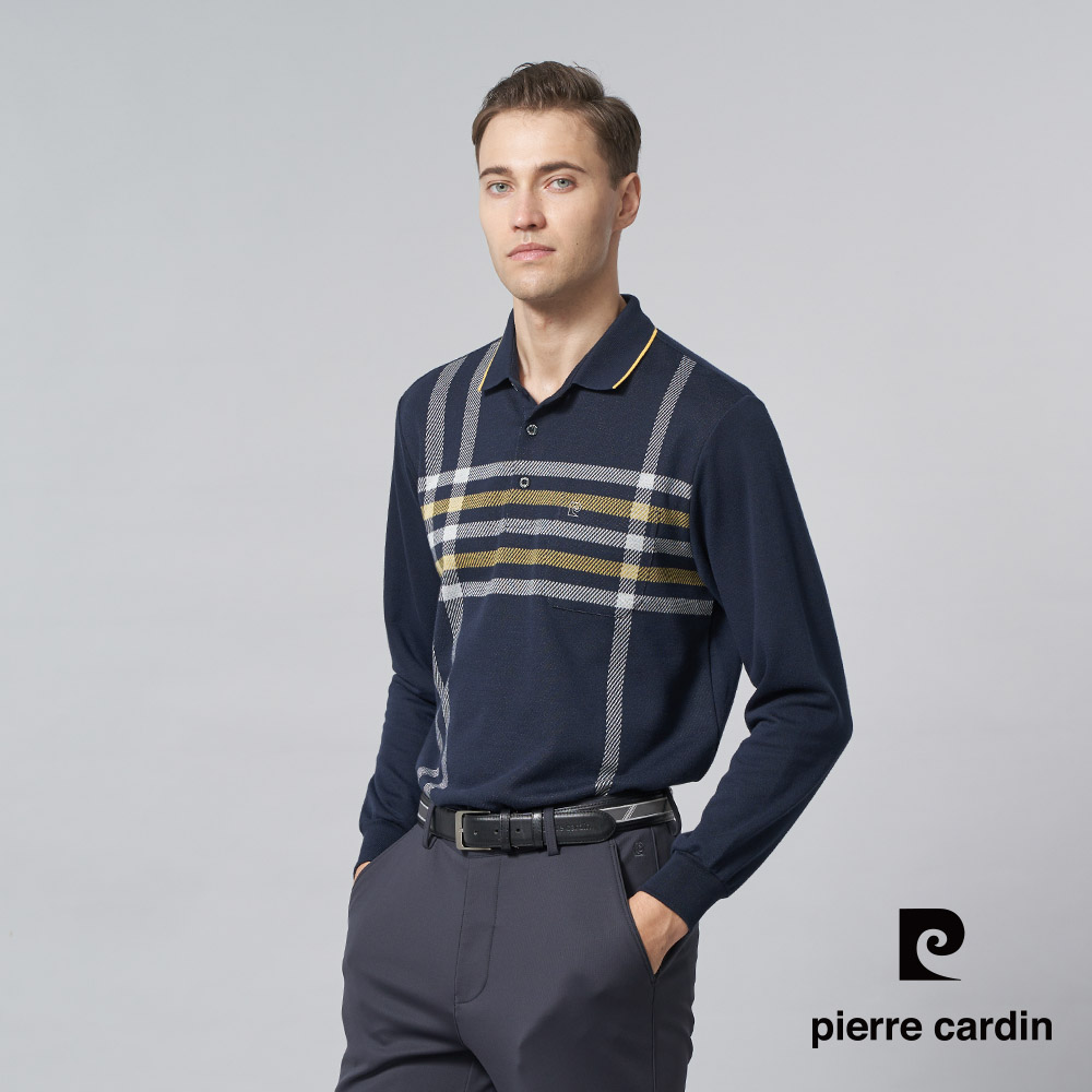 【pierre cardin 皮爾卡登】男裝 棉質混紡刷毛大定位格條長袖POLO衫-深藍色 (5245275-38)