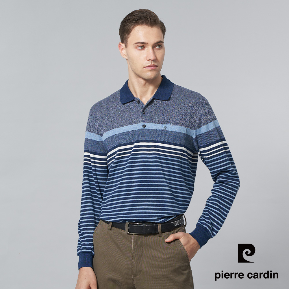 【pierre cardin 皮爾卡登】男裝 棉質混紡組織定位條長袖POLO衫-深藍色 (5245283-38)