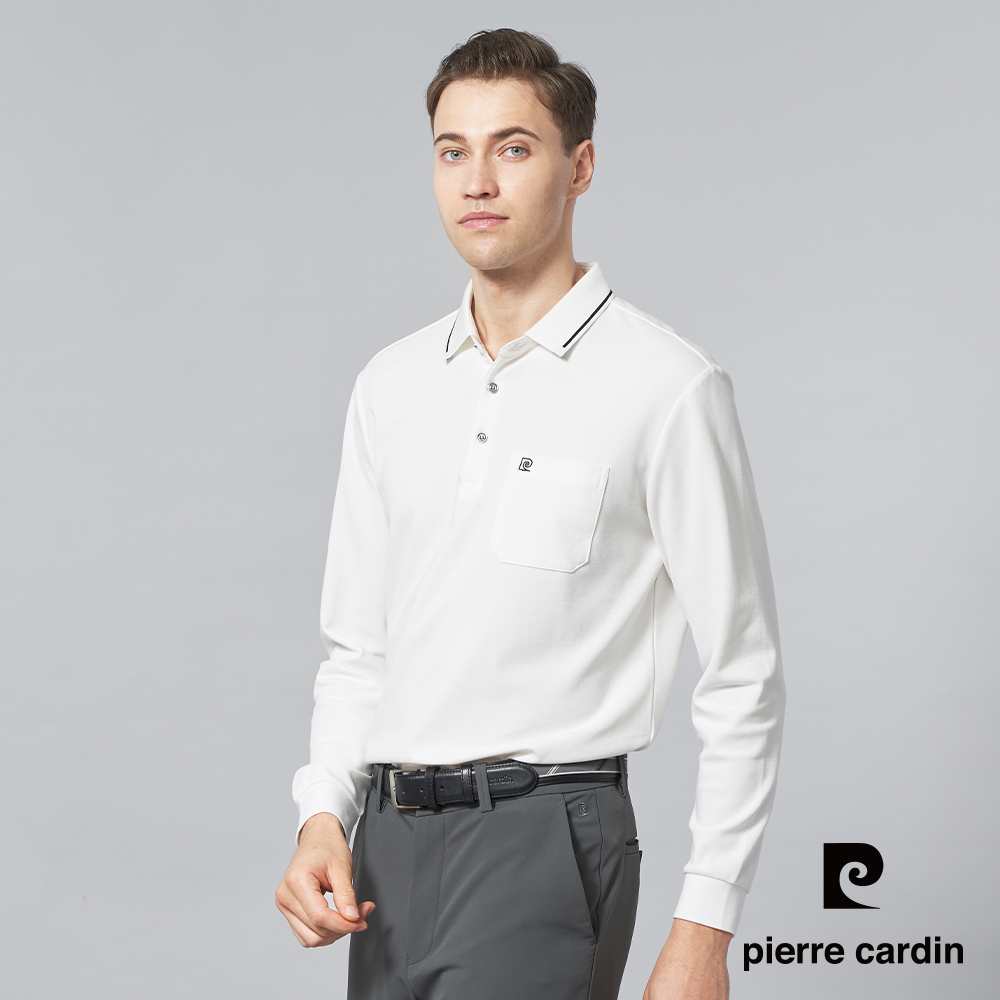 【pierre cardin 皮爾卡登】男裝 純棉素色配條領長袖POLO衫-白色 (5245284-90)
