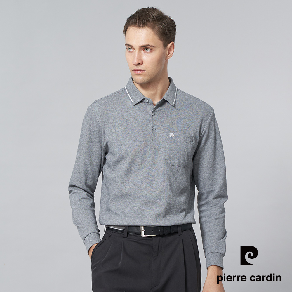 【pierre cardin 皮爾卡登】男裝 純棉素色配條領長袖POLO衫-灰色 (5245284-96)
