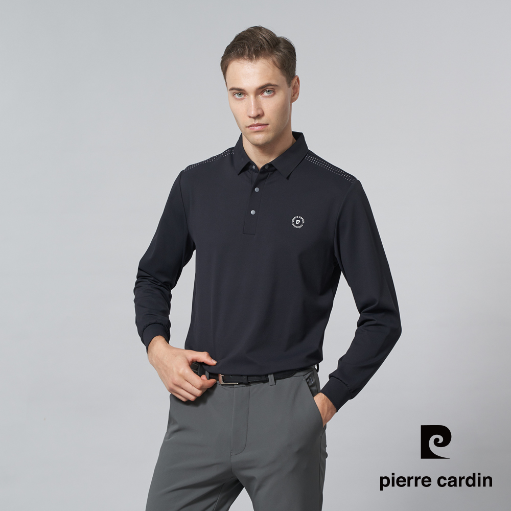 【pierre cardin 皮爾卡登】男裝 都會休閒素色彈性長袖POLO衫-深藍色 (5245293-38)