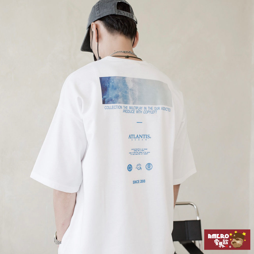 【AMERO】男女裝 圓領短袖T恤 燙畫印花 寬鬆 落肩 情侶裝