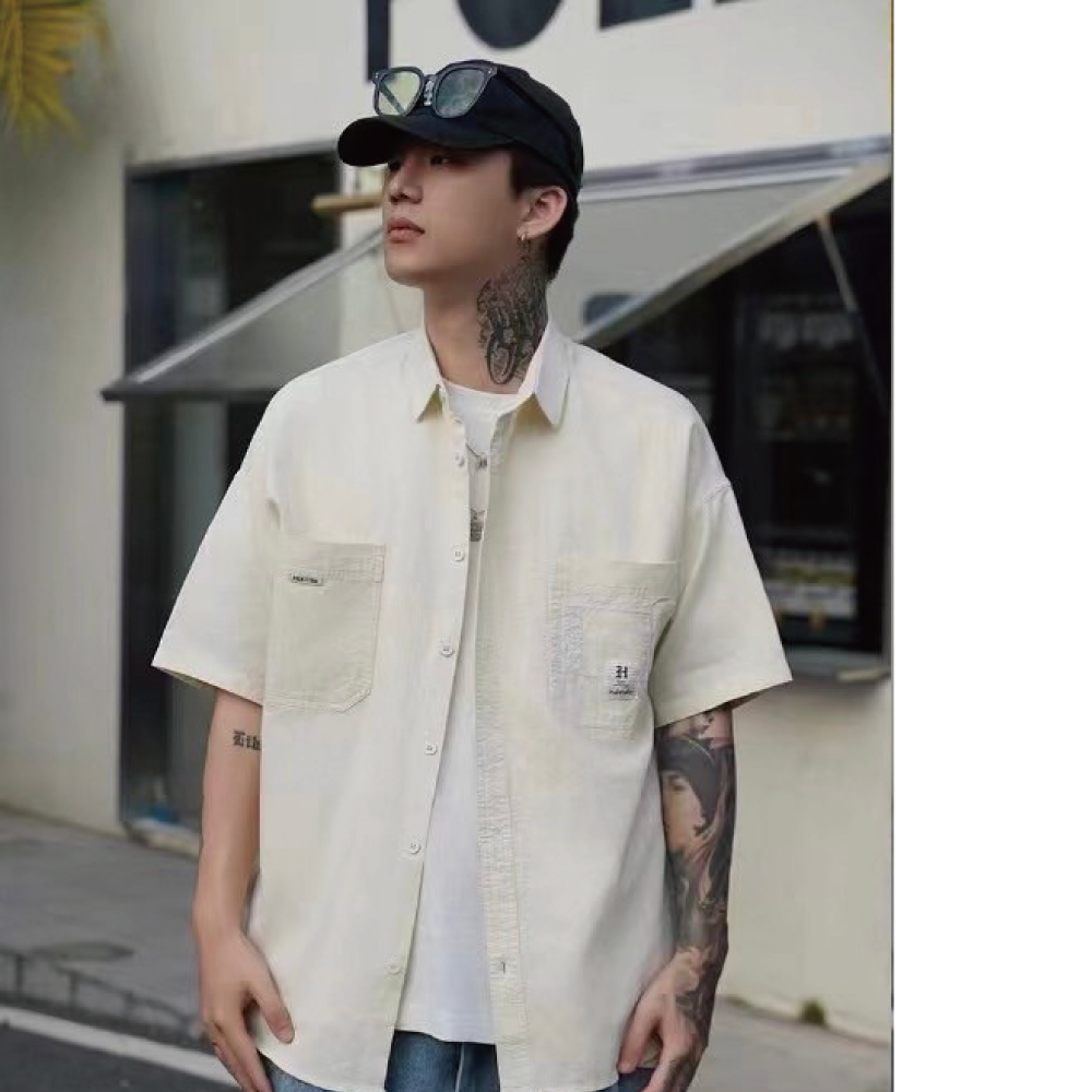 【AMERO】男裝 女裝 短袖薄襯衫 口袋貼標造型 情侶裝
