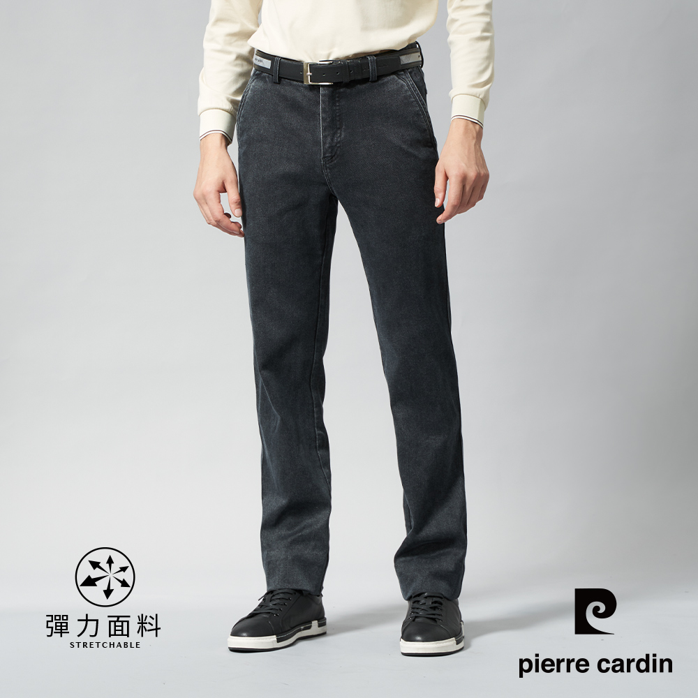 【pierre cardin皮爾卡登】男裝 微彈性牛仔平口休閒長褲-黑色 (5245834-99)